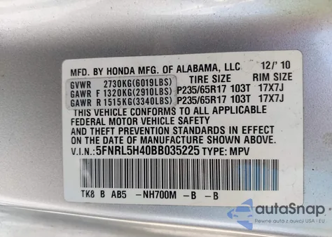 2011 Honda Odyssey Ex z USA, uszkodzony, nr VIN 5FNRL5H40BB035225